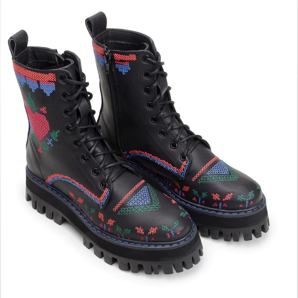 FARM Rio Shoes - NWT Farm Rio Black Heart Cross-stitch Moto Combat Boots
